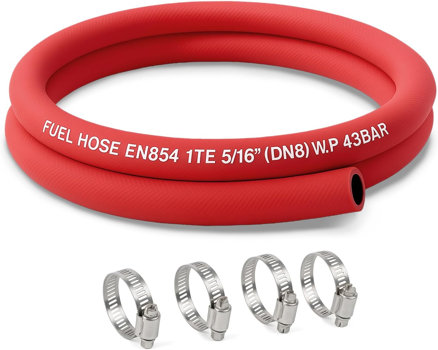 Fuel Line Hose 5AN 5/16" High Pressure Hose 2.8Mpa 400PSI 8mm 5FT for Fuel Systems Engines Tube Hose Implementation Standards EN854 Red Included Hose Clamp