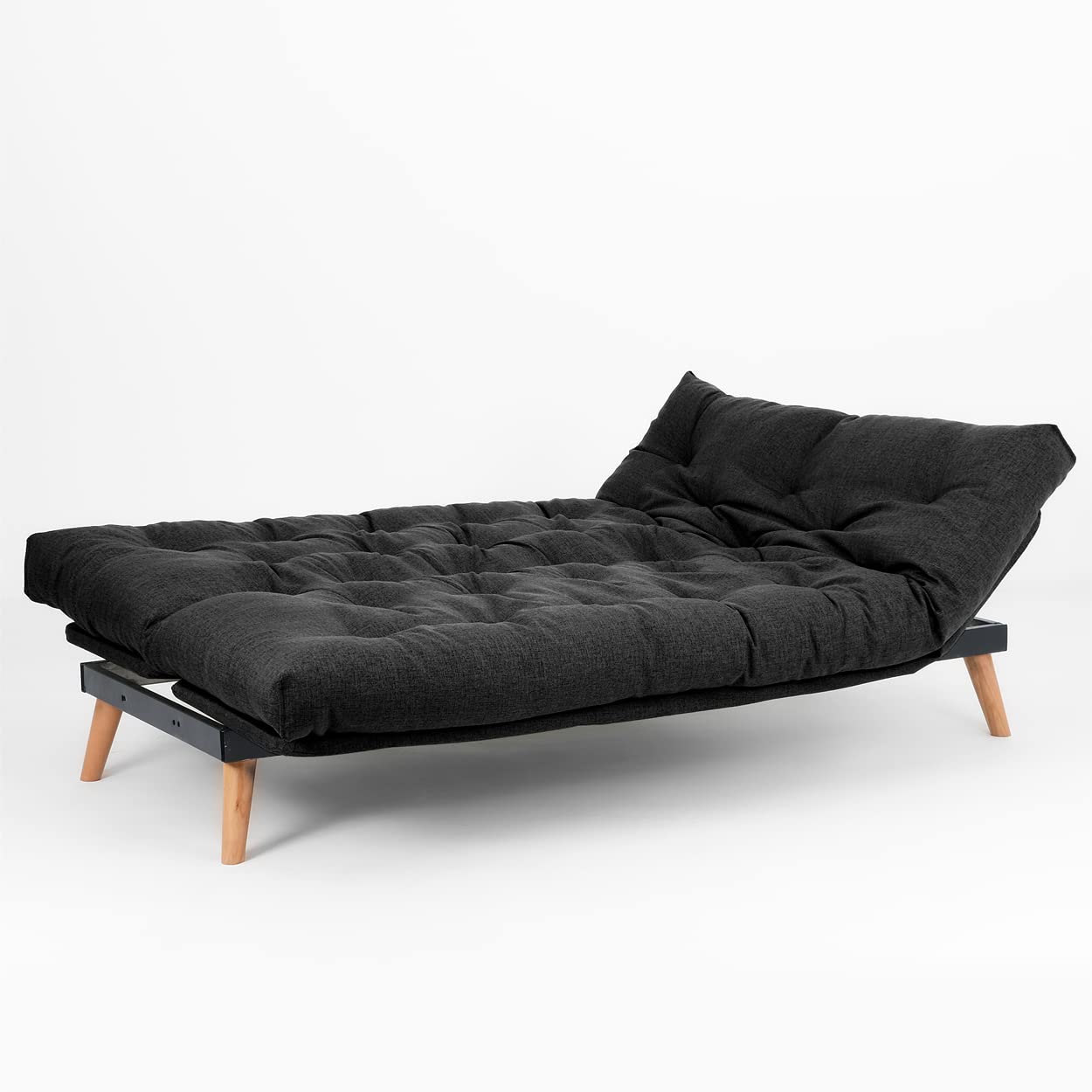 EVERGREENWEB Divano Letto 3 Posti con Materasso Futon Imbottito, Schienale e Testiera Reclinabile Clic Clac e Trasformabile in Comodo Letto una Piazza e Mezza, Tessuto Grigio Scuro Gambe in Legno SAKE