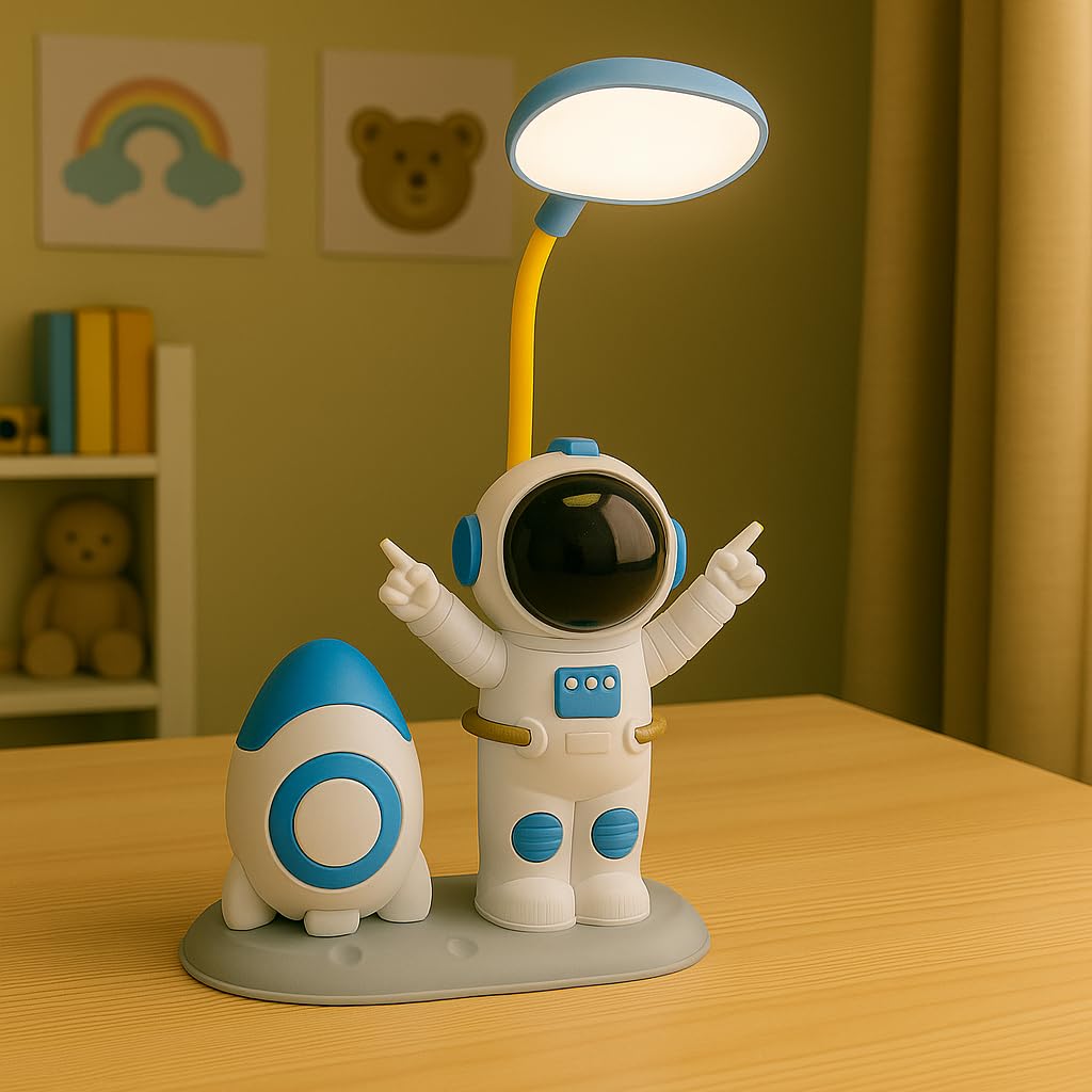 DTR Creation Astronaut Rocket Shape LED Desk Lamp for Kids | Rechargeable Study Lamp with Adjustable Neck | Eye Protection Night Light for Bedroom & Study Table (Blue & White)-image-28