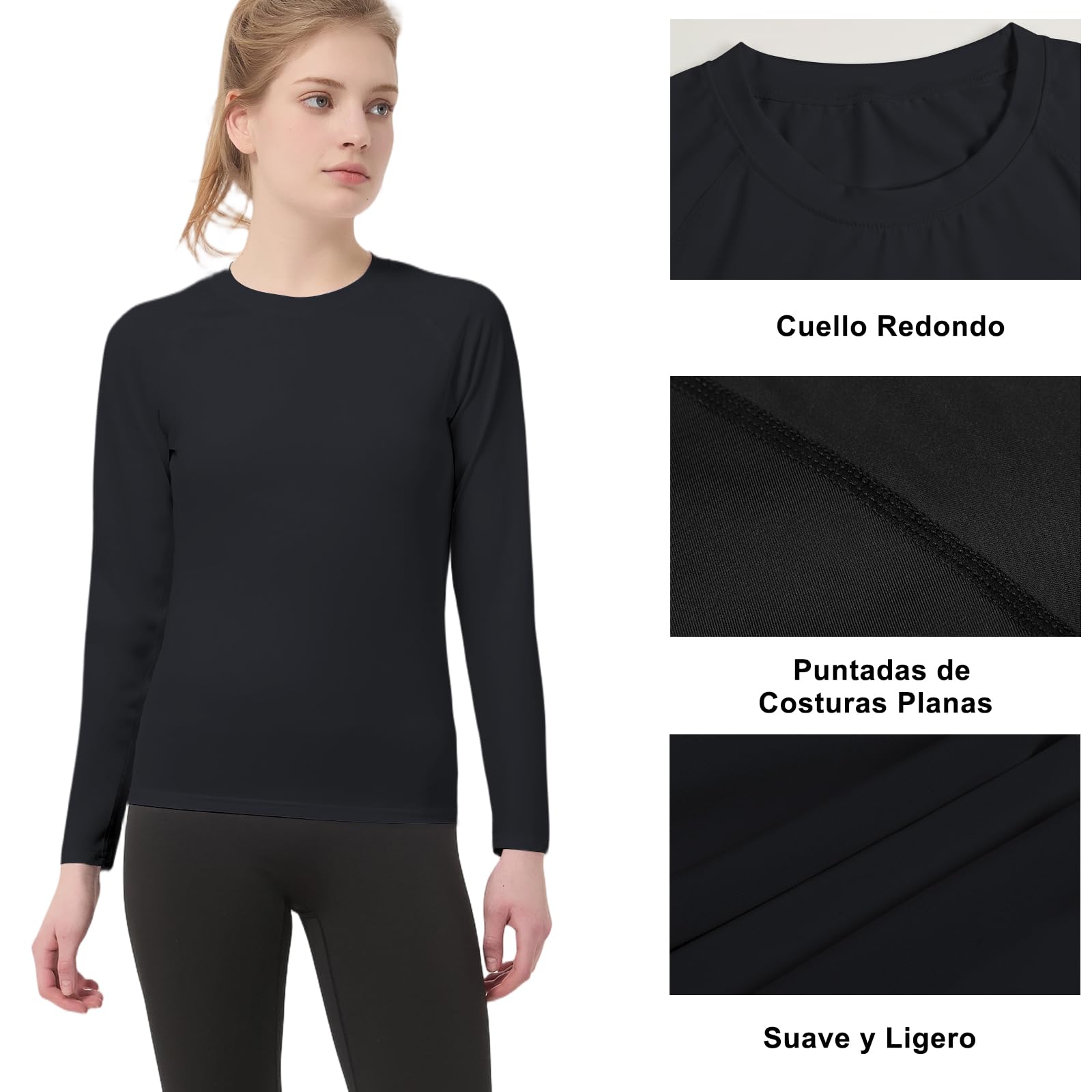 4 Pack Deportiva Mujer de Manga Larga Camiseta Transpirable Secado Rápido Camisetas de Compresión Ligero Elasticidad Top Deportiva Correr Base Layer Cuello Redondo Funcionales para Yoga Fitness