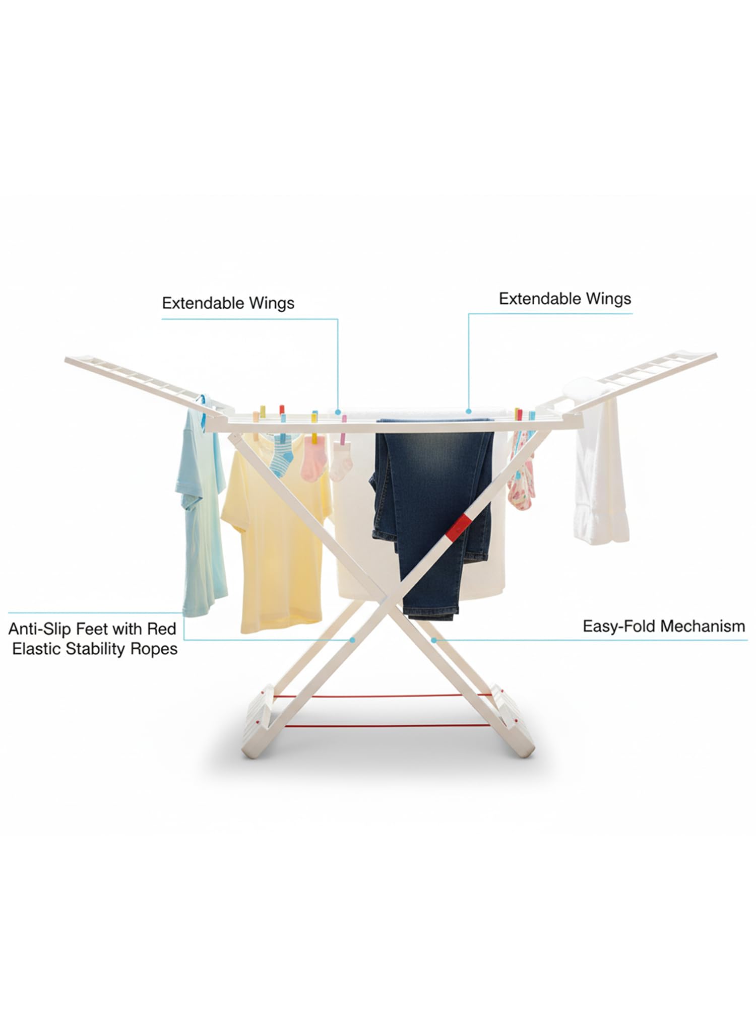 PlasticForte Tendedero Plegable y Extendible para Balcón, 20 m de Tendido con Pinzas, Gran Capacidad, Ligero y Resistente al Sol, Fácil de Transportar, Bloqueo de Seguridad, Blanco