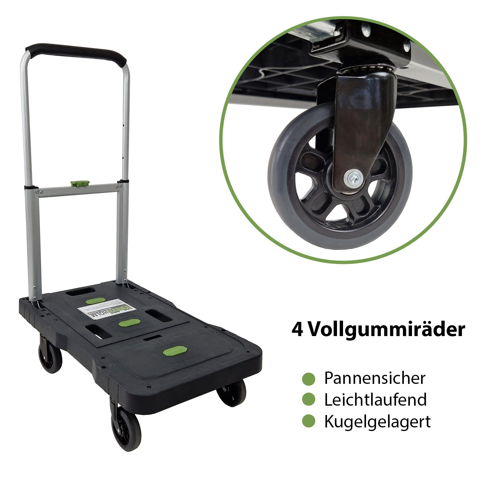 TRUTZHOLM Plattformwagen klappbar 150 kg Tragkraft Ladefläche 68x40 cm 3-Fach höhenverstellbare Teleskopstange Transportwagen Rollwagen Transportkarre Klappwagen Transporthilfe Handwagen