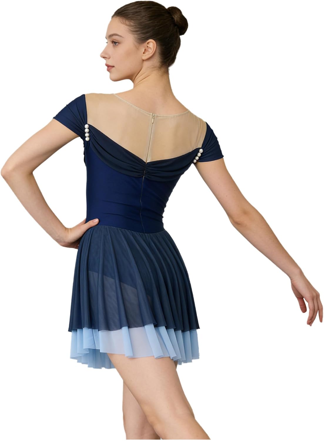 JanJean Women Gymnastics Ballet Costume One Piece Leotard Cap Sleeve Color Blocking Mesh Competition Skating Wear