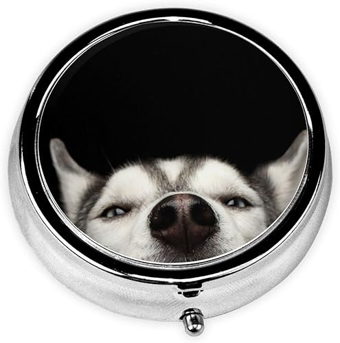 Pastillero redondo para perros Husky, organizador de píldoras de viaje, contenedor de pastillas pequeño de 3 compartimentos para bolso o bolsillo,
