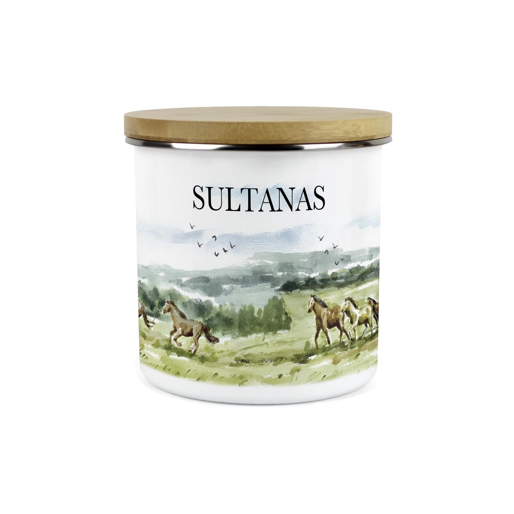 Purely Home Personalised Wild Horses Canister - Watercolour Landscapes Horse Themed Gifts - 1.2L Large Enamel Kitchen Storage Container
