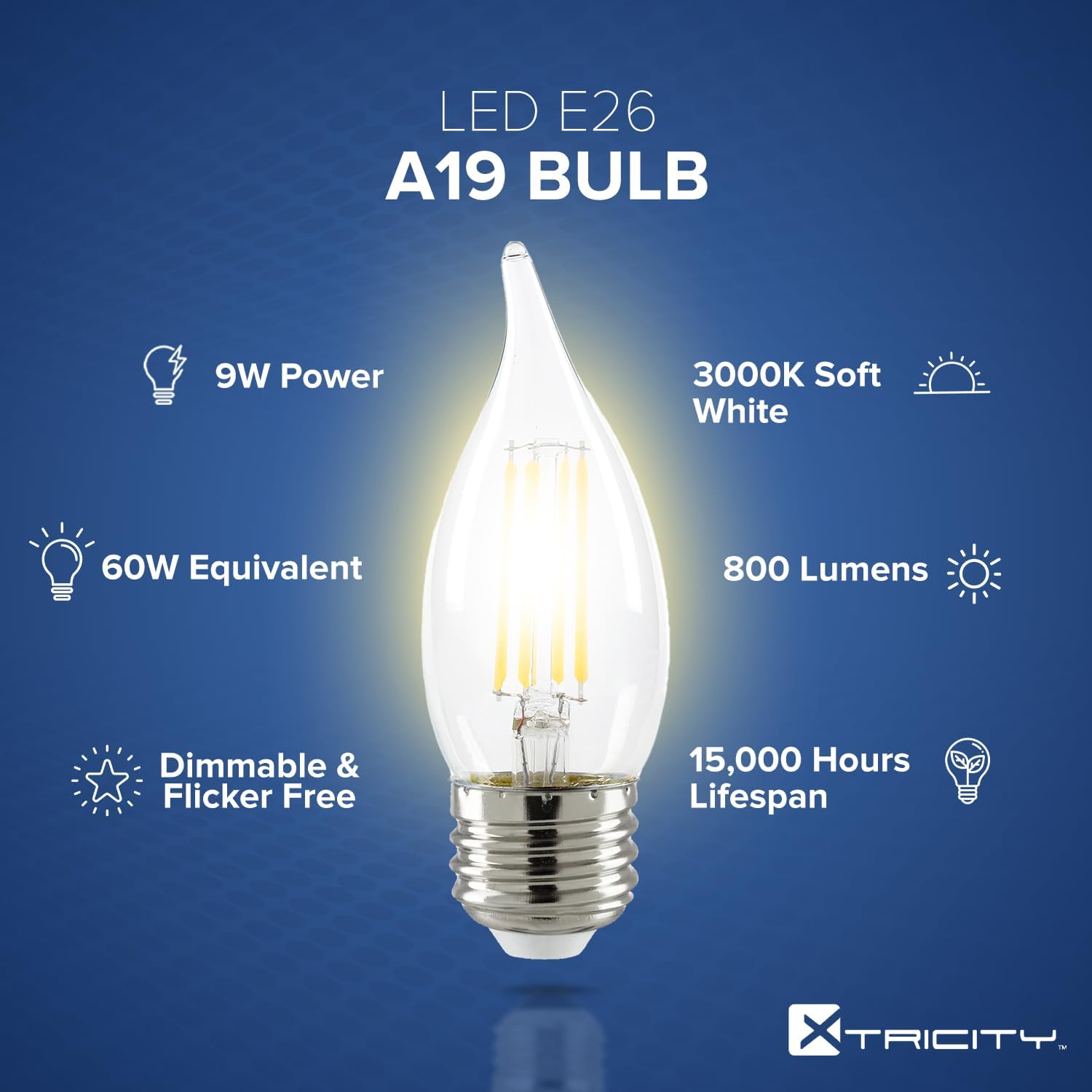 Xtricity LED 5.5W Flame Tip Clear Filament Chandelier Light Bulbs, 60W Equivalent Chandelier Bulbs, 500 Lumens, 3000K Soft White, Dimmable, 120V, E26 Medium Base, Energy Star, Clear (2 Pack)