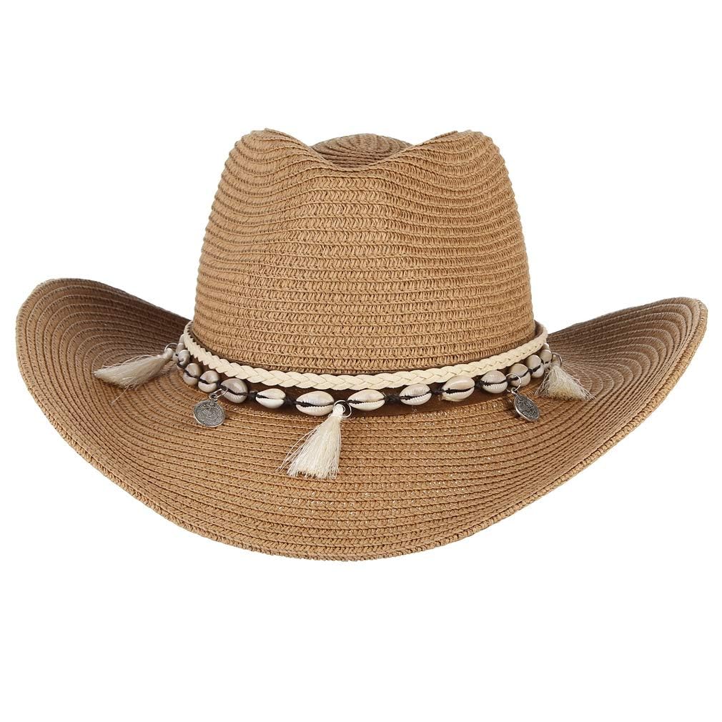 Cowboy Hat Western Summer Straw Hat with Wide Brim, Shell Tassels Trendy Lady Beach Sun Hats sunscreen cowboy hat for Stage Performance Country for Women Men