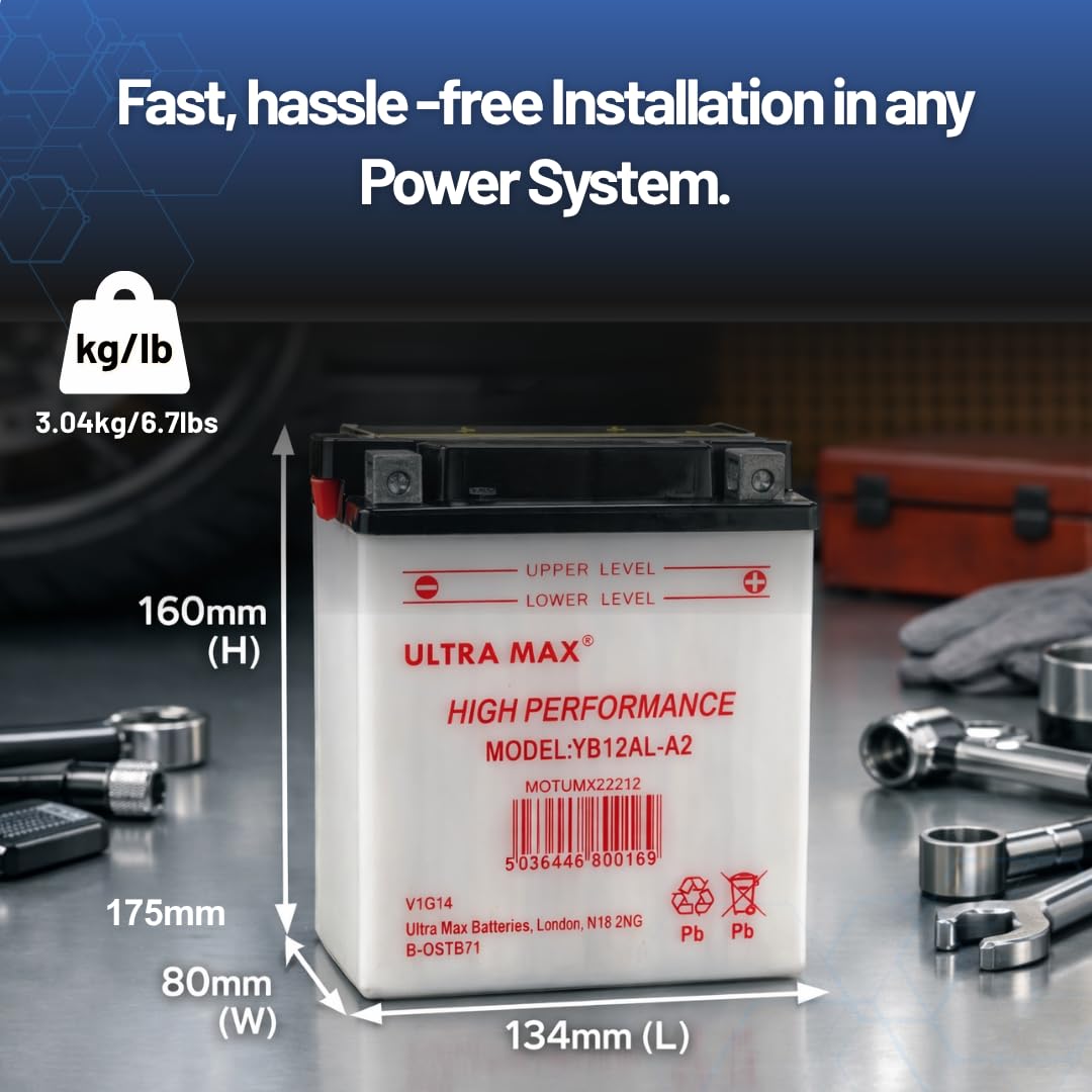 UltraMax YB12AL-A2, 12V 12AH 135CCA Motorbike Motorcycle Battery