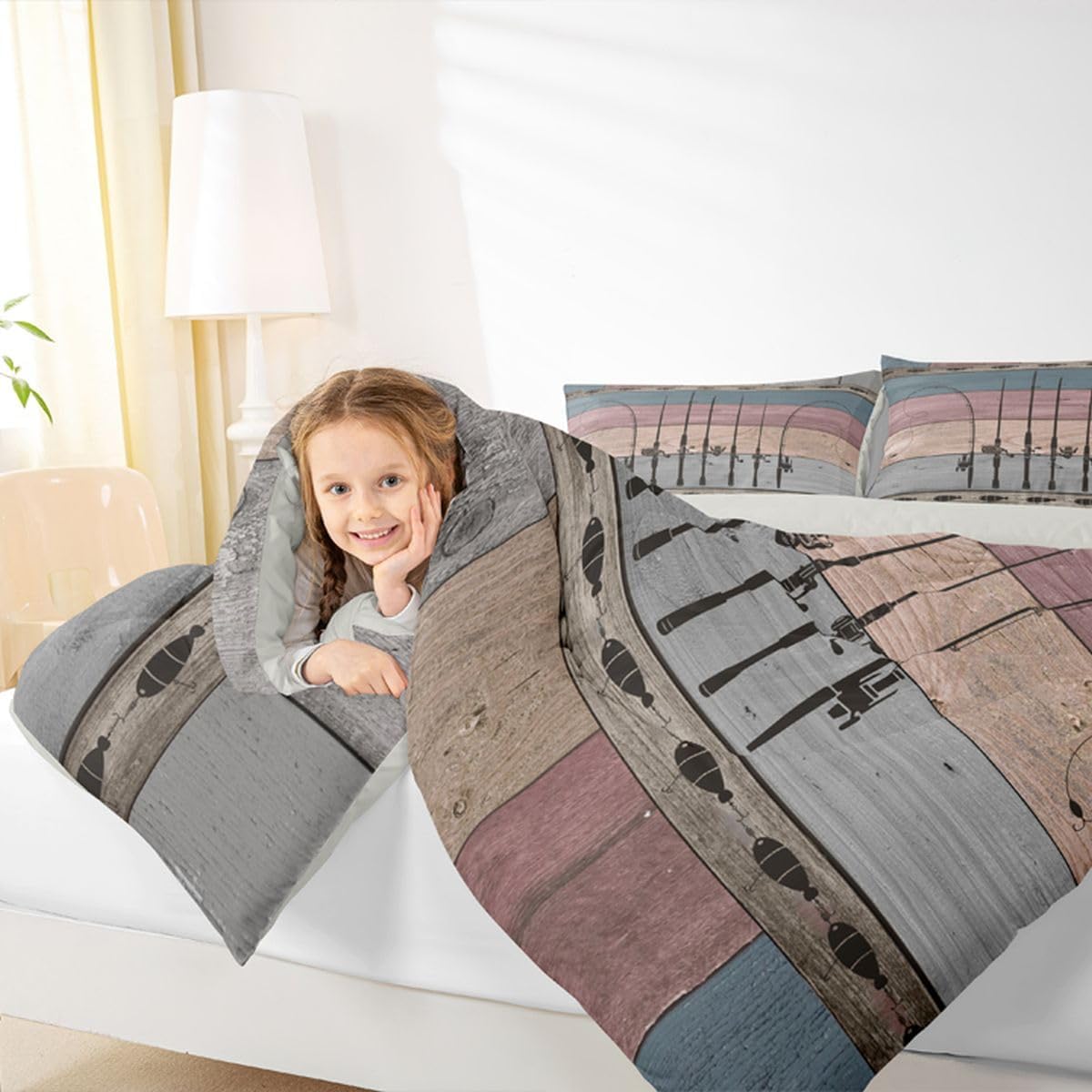 Fish Bedding Set Fishing Gifts for Men,Ice Fishing Gear Comforter Set Fishing Quilt Retro Patchwork Wood Fishhook Duvet Insert Twin,Angling Outdoor Sports Rustic Home Decor Gift for Fisherman image 4