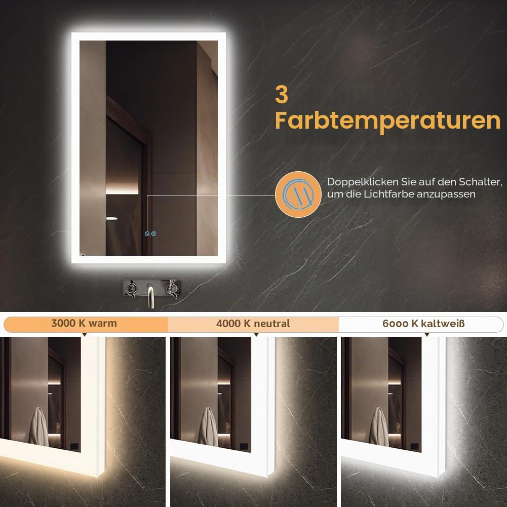 badezimmerspiegel mit Beleuchtung, Sandstrahl-Design led Spiegel Bad, 3 Farbtemperaturen, Dimmbar, Entfogging, Memory-Funktion, Modernes Design, HD, Touch-Schalter