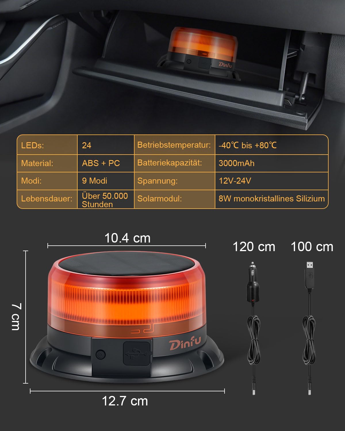 Dinfu Gyrophare LED Sans Fil solaire 9 motifs clignotants 12V 24V, lampe d'avertissement LED jaune avec chargeur de voiture et câble USB pour voiture, camion, tracteur, voiture de golf, SUV