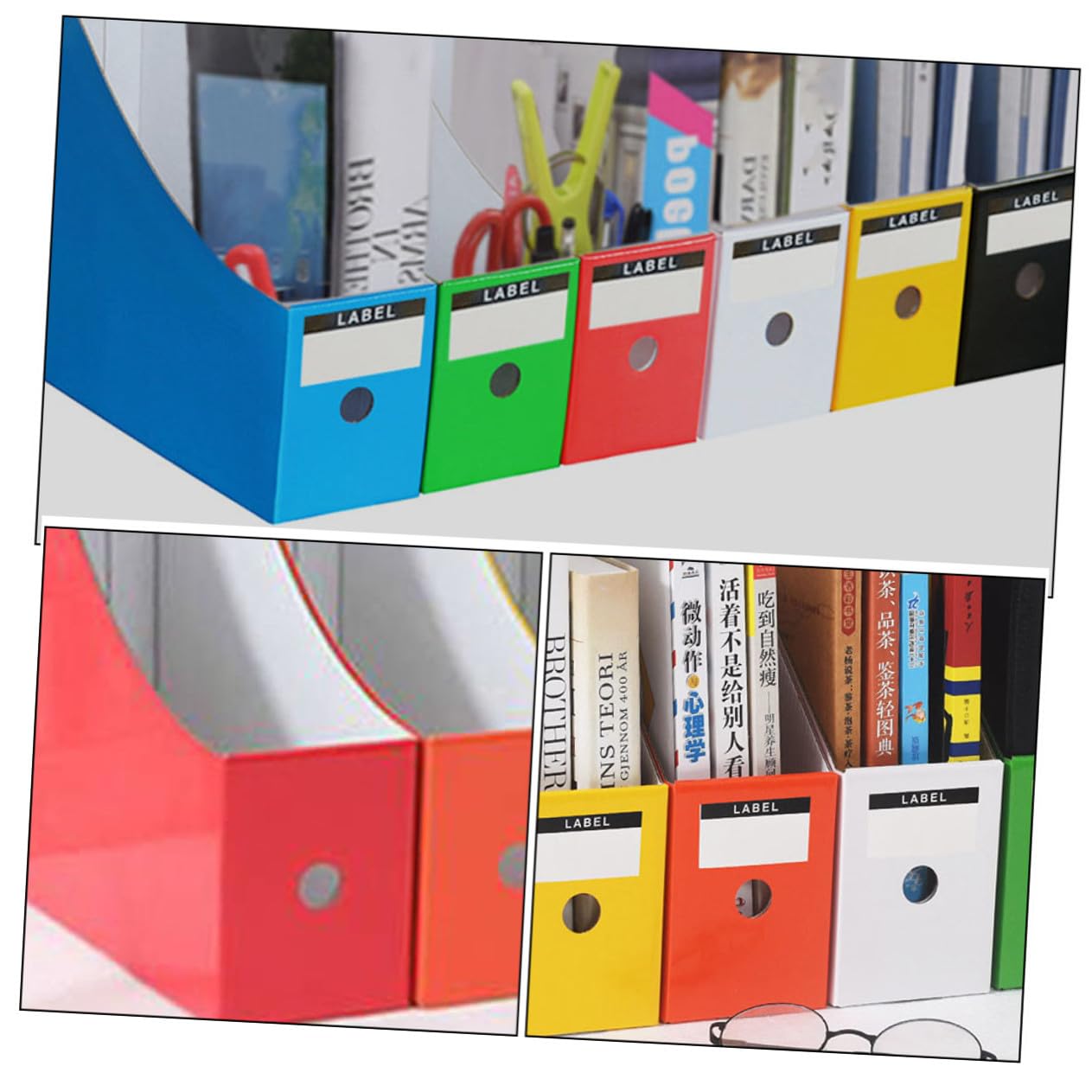 Set 6 Pezzi Scaffali per Archiviazione File Colorati in Carta Pp, Portadocumenti da Scrivania Etichette Adesive, Organizzatori Desktop per Libri, Riviste e Documenti Ufficio