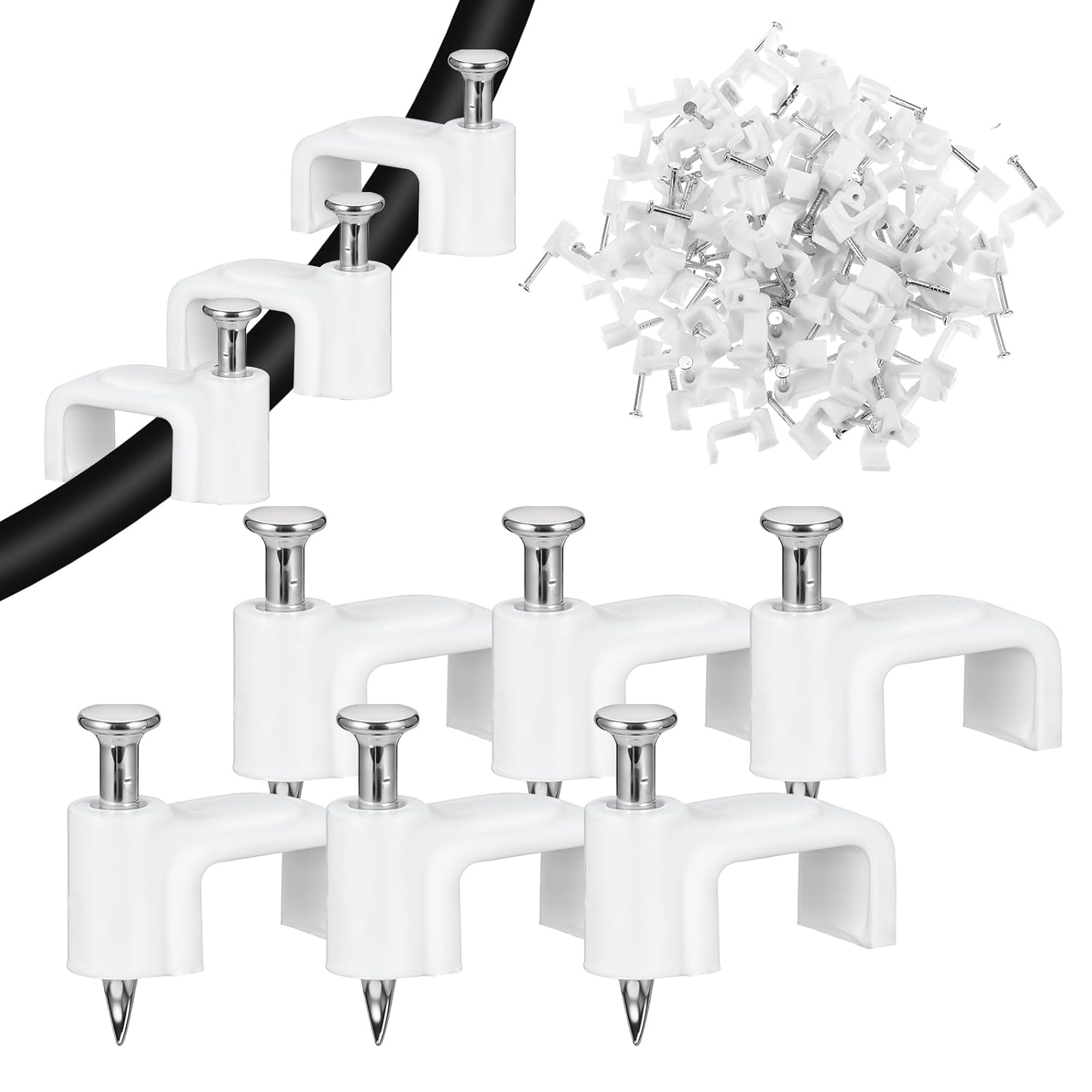 100 pcs Plastic Cable Clamps Clips, 10mm U-Shape Wire Wall Clips with Steel Nails, White Cable Tacks for Coax Ethernet TV Cord Management, Indoor Outdoor Use(10mm)