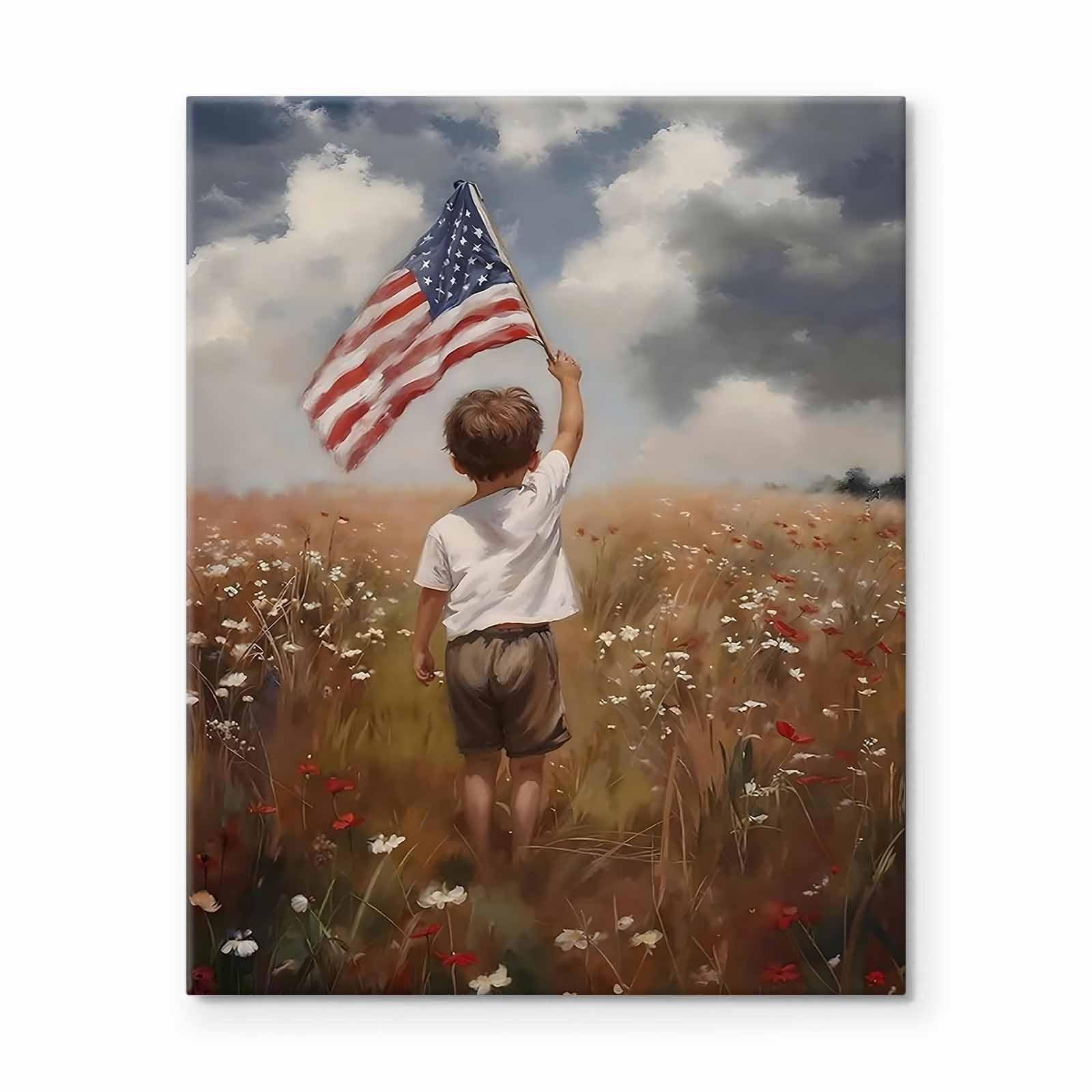 Sunwes Patriotic Memorial Day Wall Art, Little Boy Holding American Flag in Flower Field Print, Inspirational USA Independence Day Framed Poster Oil Painting for Family Room or Entryway 8x10inch