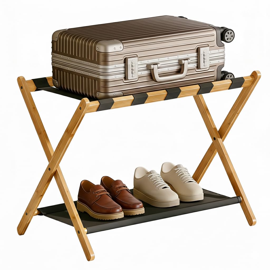 BAMBOOHOMIE Bamboo Luggage Rack for Guest Room, 26.77" Folding Wide Suitcase Stand with Fabric Storage Shelf, Luggage Stand Holder for Bedroom Hotel, Luggage Rack for Suitcases (1 Pack - Natural)