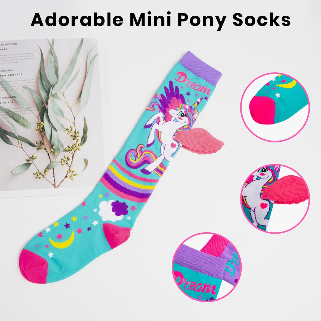 TECPHILE Girls Nylon Knee-High Socks 3D Design Unicorn Printed With Soft Wings Colorful Pony Long Socks For Kids School Girl Super Comfortable And Stretchy - Age Of 3 To 12 Years (1 Pair), Black - Image 8 thumbnail