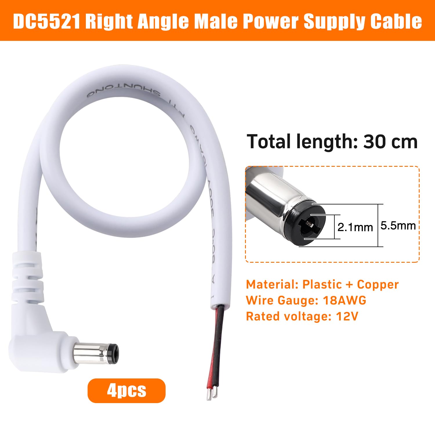 4 Pezzi 30cm 18 AWG 5.5 mm x 2.1 mm Cavo di Alimentazione DC, Spina Maschio ad Angolo Retto a Filo Nudo Cavo Alimentazione Aperto Cavi Riparazione, per Telecamera di Sicurezza, Bianco