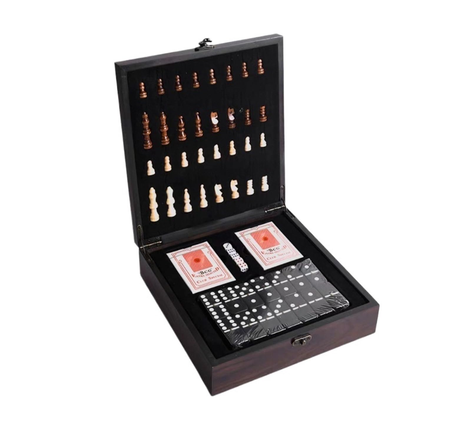 schachspiel 4-in-1 Schach-, Poker-, Würfel- und Domino-Set aus Holz – Tragbares Reise-Schachbrettspiel-Set for Kinder und Erwachsene