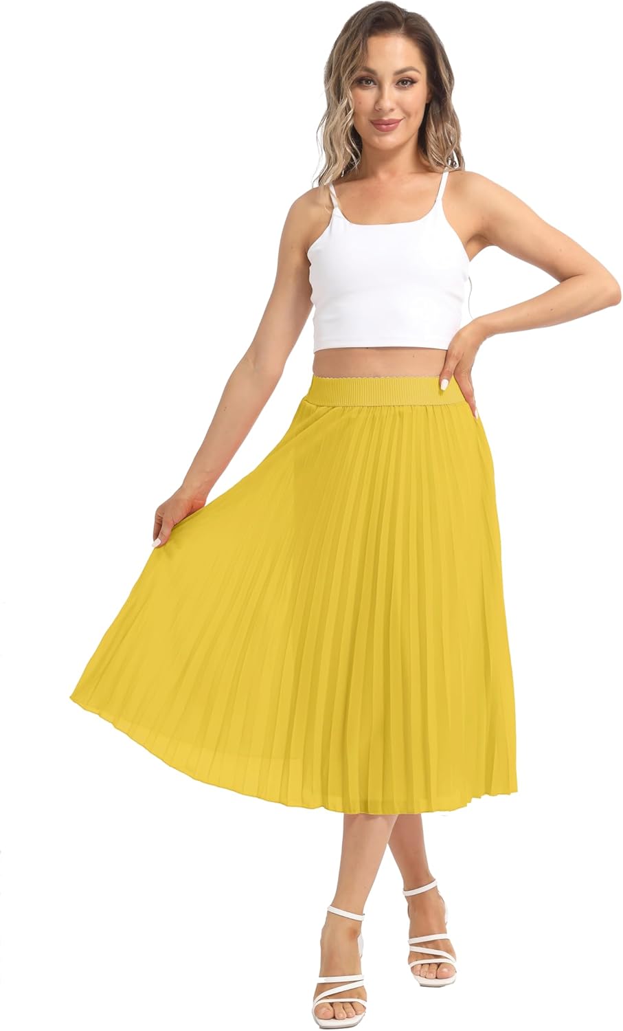 Womens Chiffon High Waist Skirt Pleated A-Line Swing Elastic Shirring Midi Length - Image 4