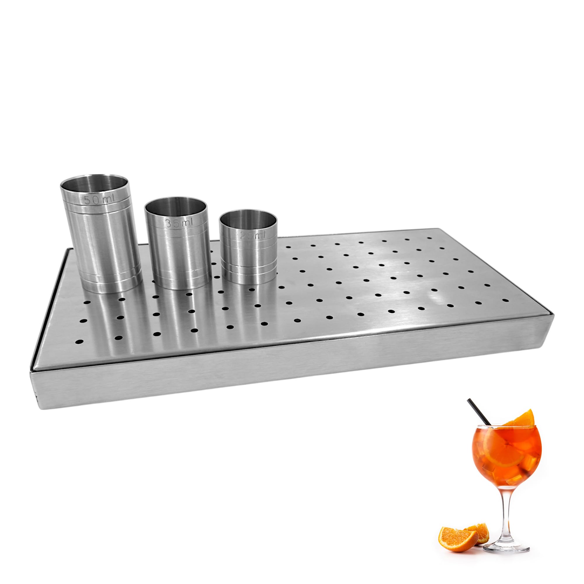 Chabrias Ltd Premium Stainless Steel Rectangular Drip Tray & 3 Piece Thimble Set, 25ml, 35ml & 50ml, Barware Set, Thimble Measures, Home Bars, Cocktail Stations, Barware
