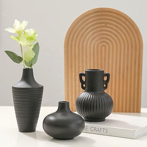 Jarrones negros modernos de granja para decoración, juego de 3 jarrones de cerámica acanalados para sala de estar, estante, estantería, repisa,