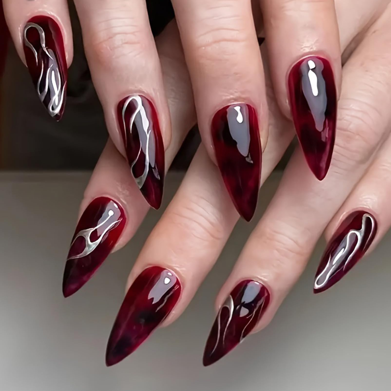 24PCS Christmas False Nail Medium,Crimson Dark Red Press on Nails for Women,Vampire Glossy Burgundy Marble with Silver Swirls Nails Halloween Elements,Wearable Stick on Nail Art for Girls