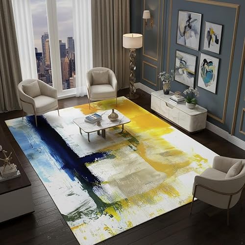 Miniatura 4 de Alfombra contemporánea moderna abstracta azul amarillo vibrante de 4 x 6 pies, alfombra estética de lana ultra suave para sala de estar, dormitorio,