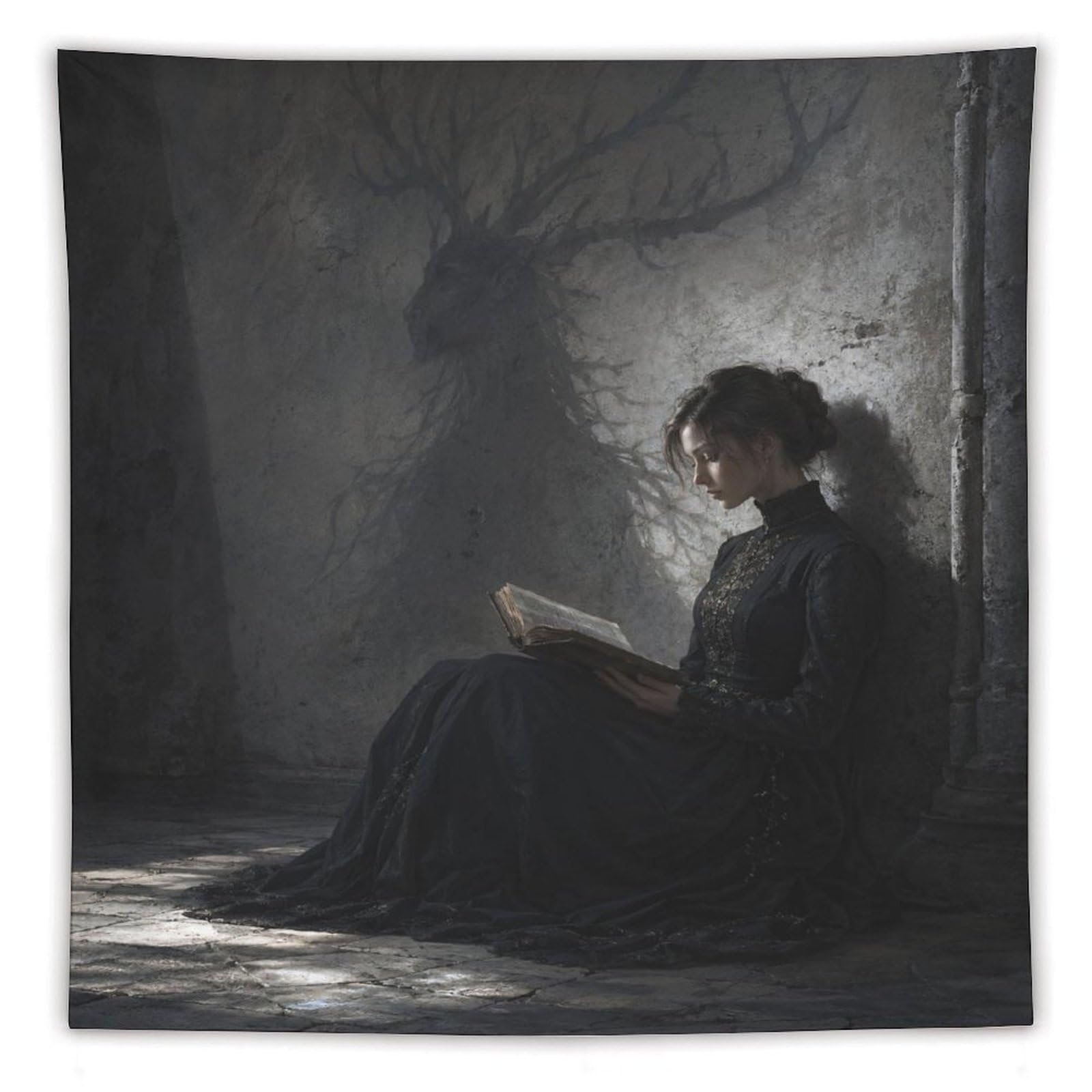 H3B8U2Y5 Moonlit Woman Reading Wall Tapestry, Surrealist, Reading Corner