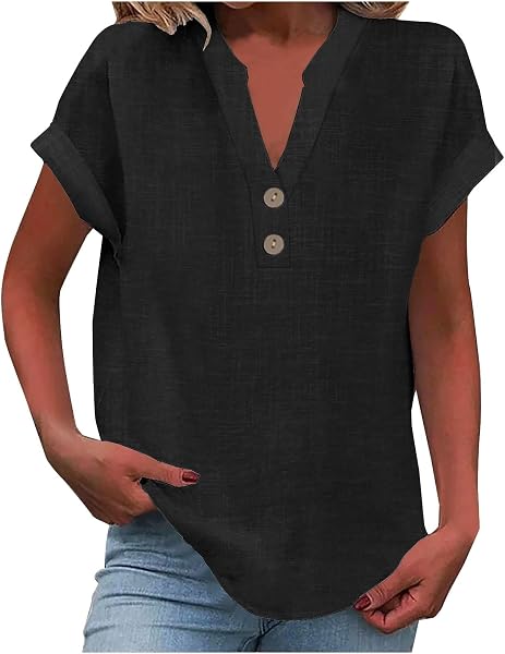 Chemise Femme Coton et Lin Manches Courtes Chemisiers et Blouses Chic et Élégante Col en V Chemisier Couleur Unie T-Shirts D'Été Respirant Grande Taille Chemise Lin Tunique Blouse avec Boutonnée - 1