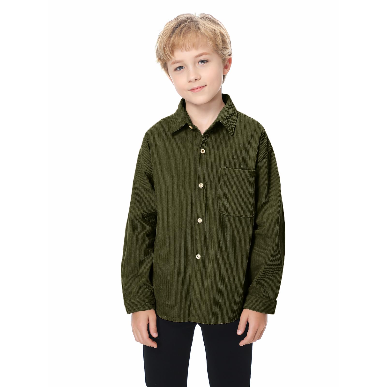 LOLANTA Camisas de pana para niños con botones occidentales con bolsillo, manga larga, solapa sólida