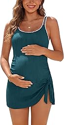 SHEKINI Maillot de bain de grossesse côtelé - Maillot de bain de grossesse avec jupe intégrée à nouer à la taille