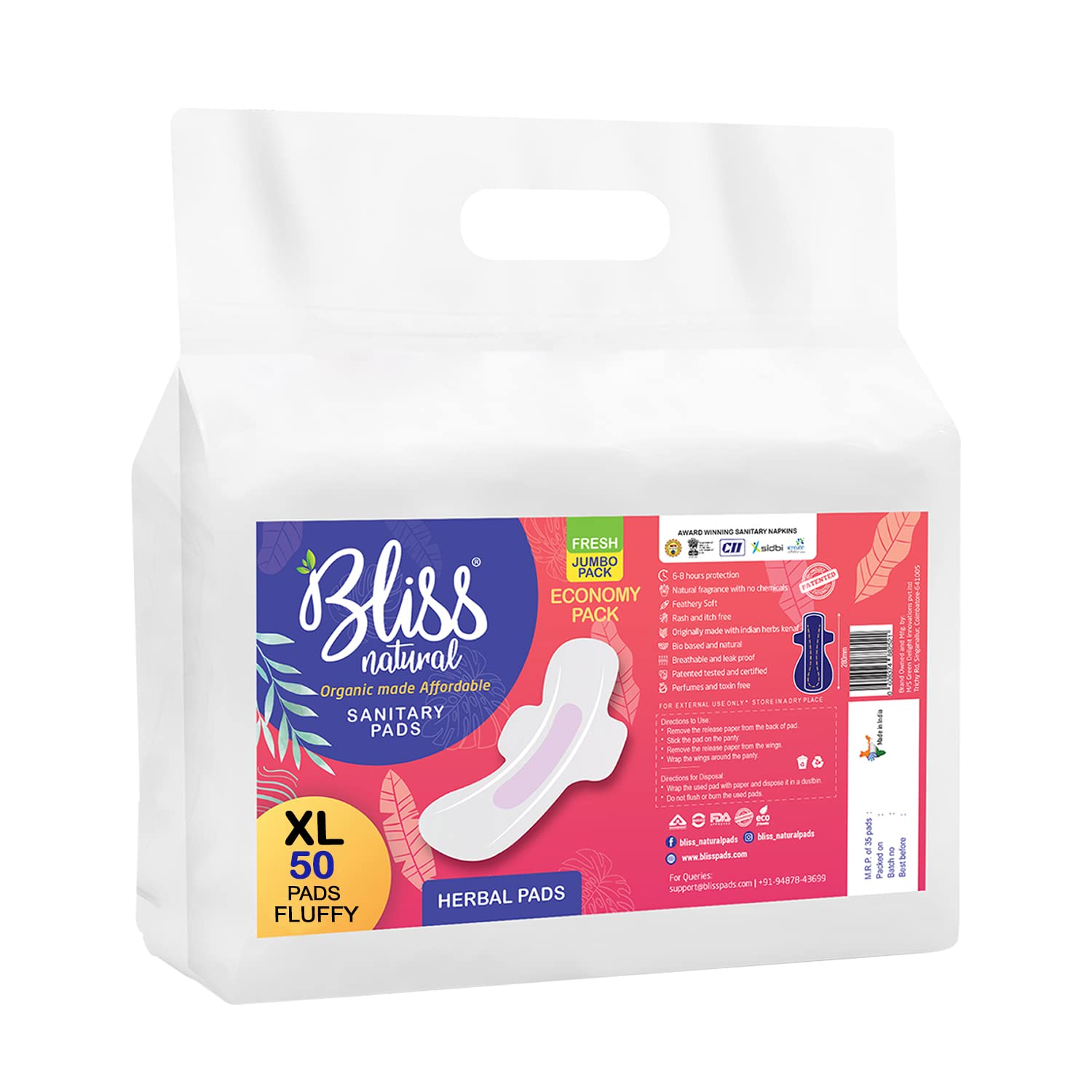 Shadow Securitronics Mama Quilla Herbal Sanitary Pads For Women-Guilt Free Periods-Leakage Protection,Flow Type-Regular Flow&Overnight Pad- 50 Pcs Of Xl -280 Mm Pads