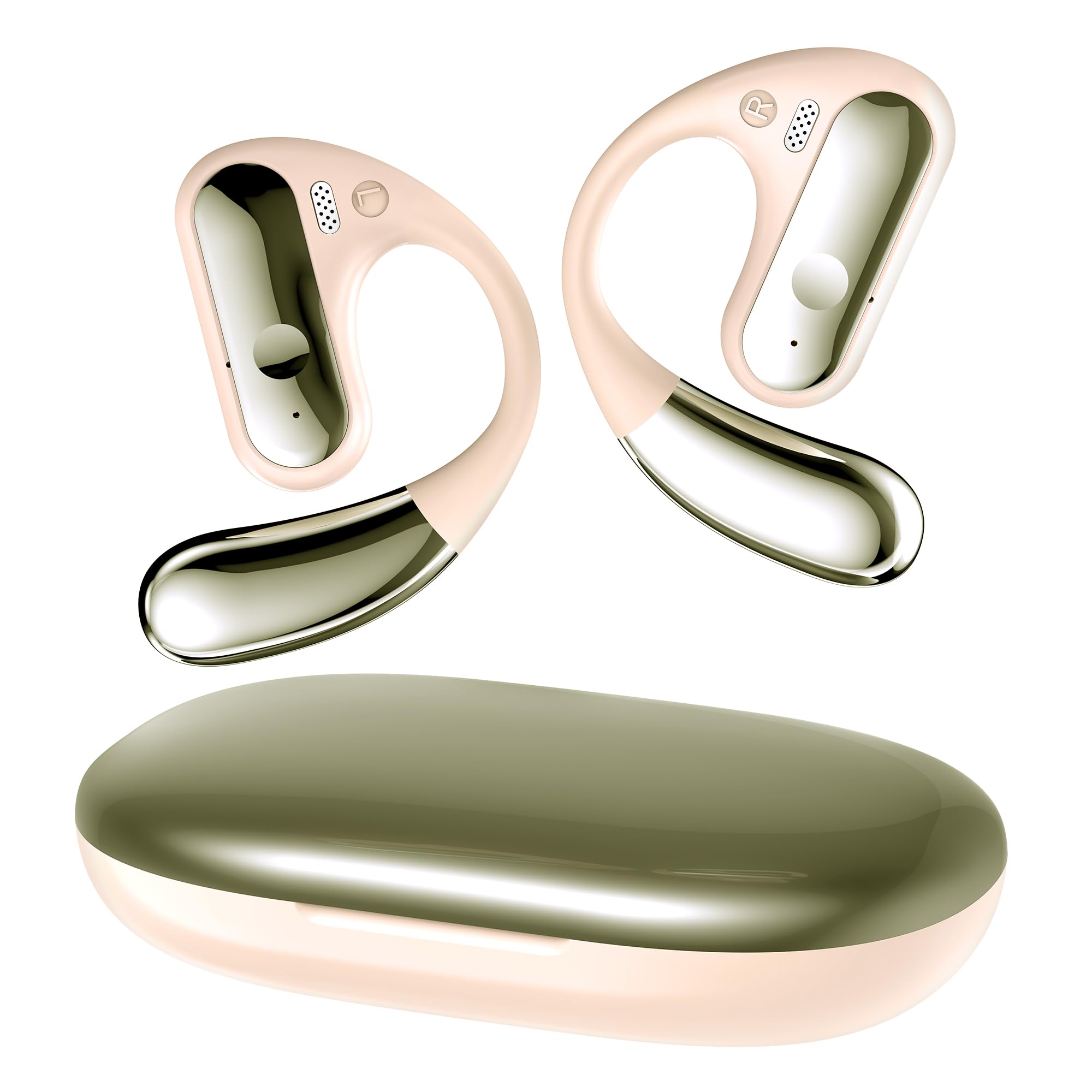 EUQQ YYK-Q28 open-ear headphone resting on an ear, showing its ergonomic design.