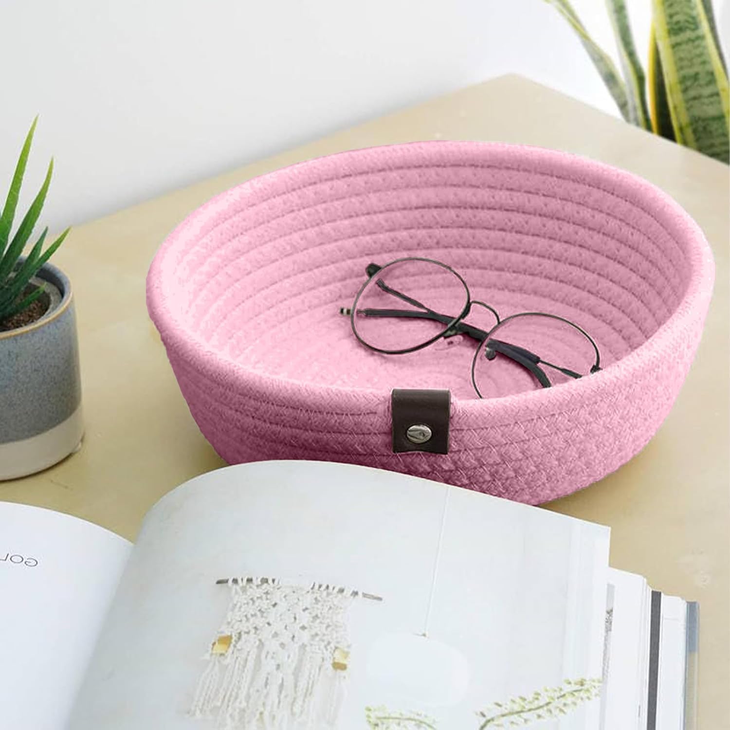 TRENDOZE 100% Natural Jute small box mini rope paper storage Round hamper baby nursery tray bucket for Living Kitchen, Office, Drawing Room,fruits, kitchen, office, Set of 3 (PINK) 1