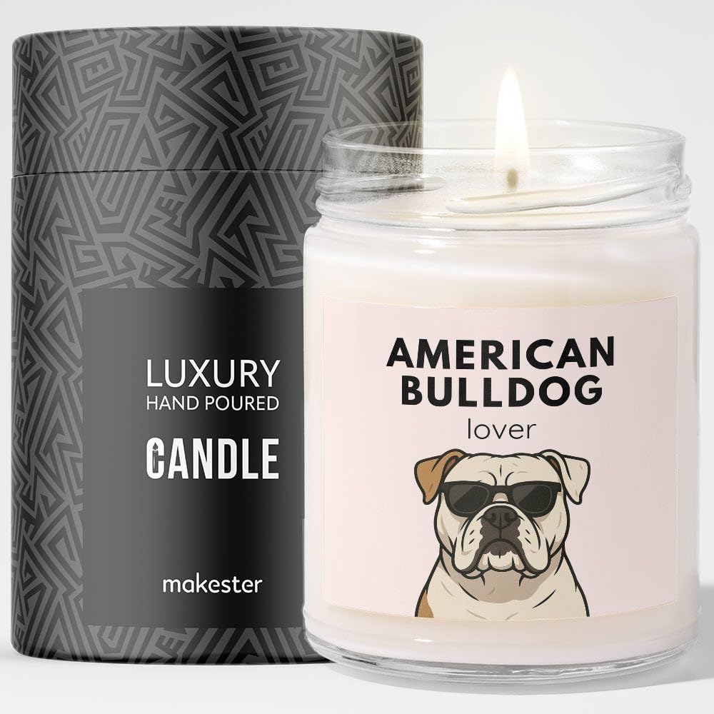 American Bulldog Gifts - Luxury Soy Wax Candle - Vanilla, Jasmine, Sugared Almond - Dogs in Shades - Makester