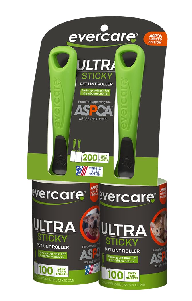 Evercare Pet Hair Lint Rollers All Purpose Use 100 Easy-Tear Sheets Per Roll Reusable Sticky Roller Pets Cat & Dog Hair Remover Contoured Handle for Furniture Clothing & Cars, Set of 2, Green