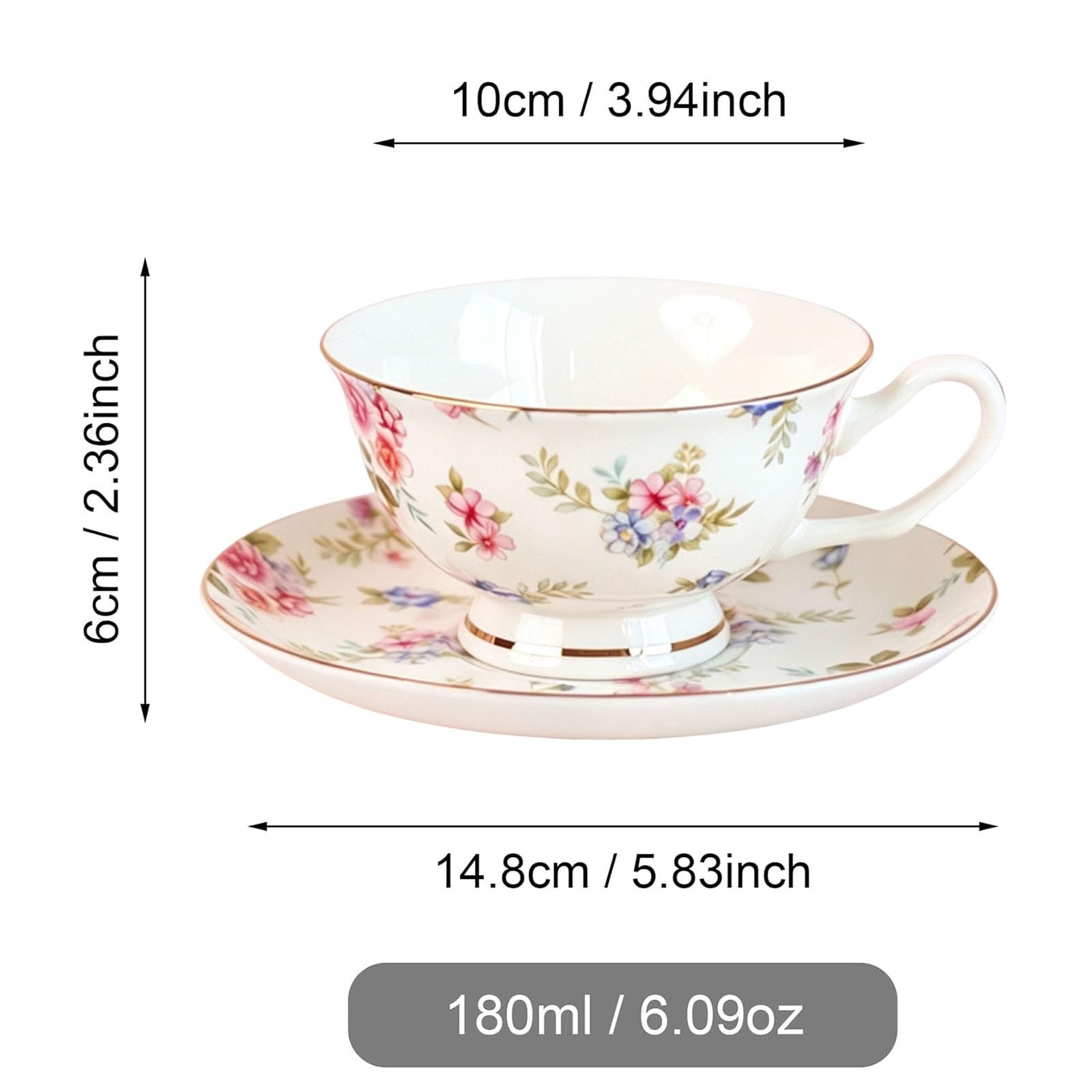 Zestaw filiżanek i spodków z porcelany kostnej | Zestaw filiżanek i spodków z porcelany kostnej w kwiaty do herbaty i kawy