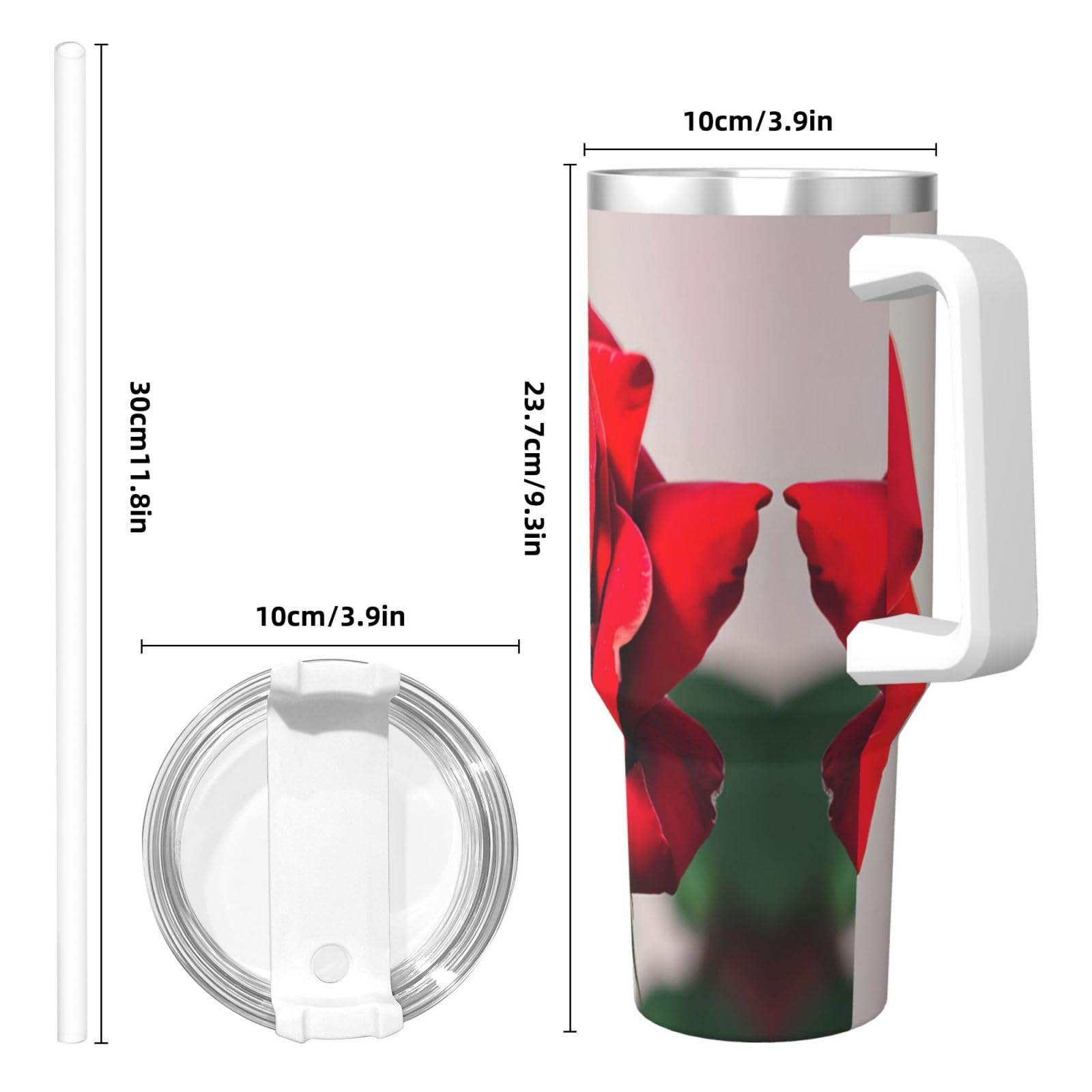 A Red Rose 1 Wasserflasche aus Edelstahl, doppelwandig, isoliert, mit Griff und Strohhalm-Deckel, 1,2 l