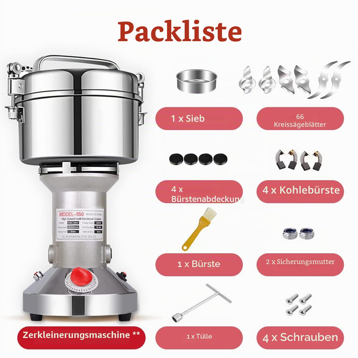 LEJIEYIN Elektrische Kräutermühle 550 g Hochgeschwindigkeits-Gewürzmühle aus Edelstahl Elektrische Mehlmühle Kräutermühle Superfeine Pulvermaschine für trockene Lebensmittel Grin