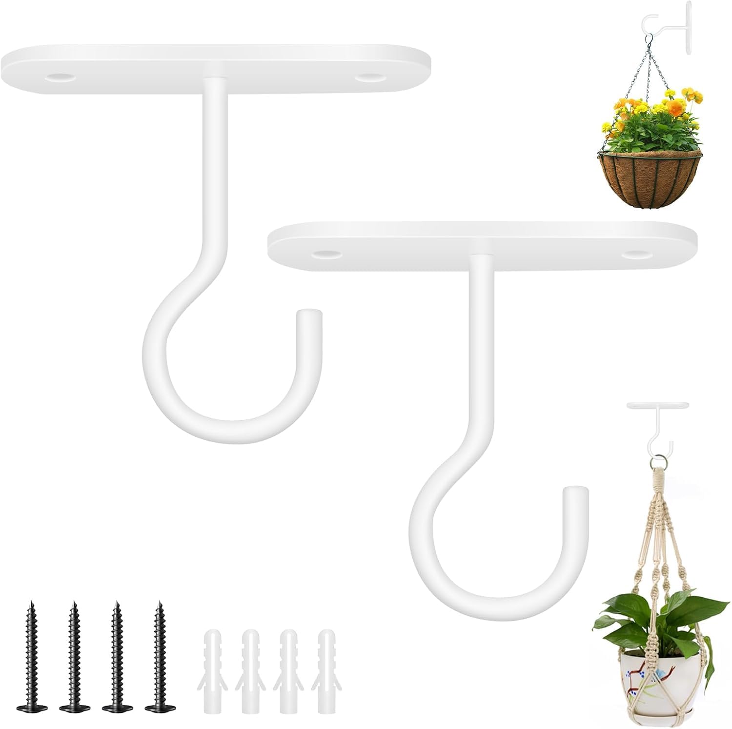 DSLIHA 2PCS Ceiling Hooks for Hanging Plants, Wall Mount Plant Hanger Indoor Hanging Hooks Metal Plant Bracket Iron Lanterns Hangers for Bird Feeders, Lanterns, Wind Chimes, Planters (White)