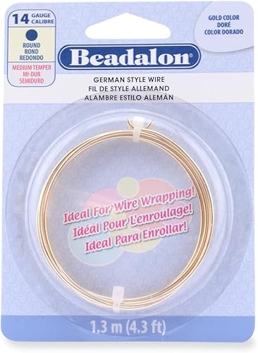 Beadalon Alambre de estilo alemán para hacer joyas, redondo, color dorado, calibre 14, 4.3 pies