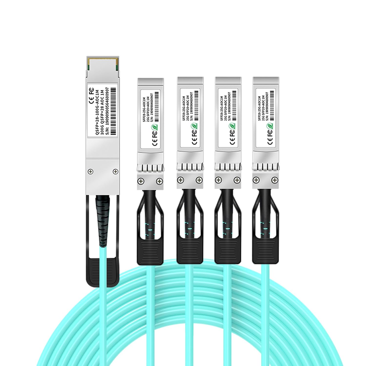 QSFP28 Breakout AOC Active Optical Cable, 1Meter/3.3ft Compatible with Brocade Devices,100GBASE 100Gbps to 4X 25Gbps OM3 MMF Direct-Attach Ethernet High-Speed Optical Cable