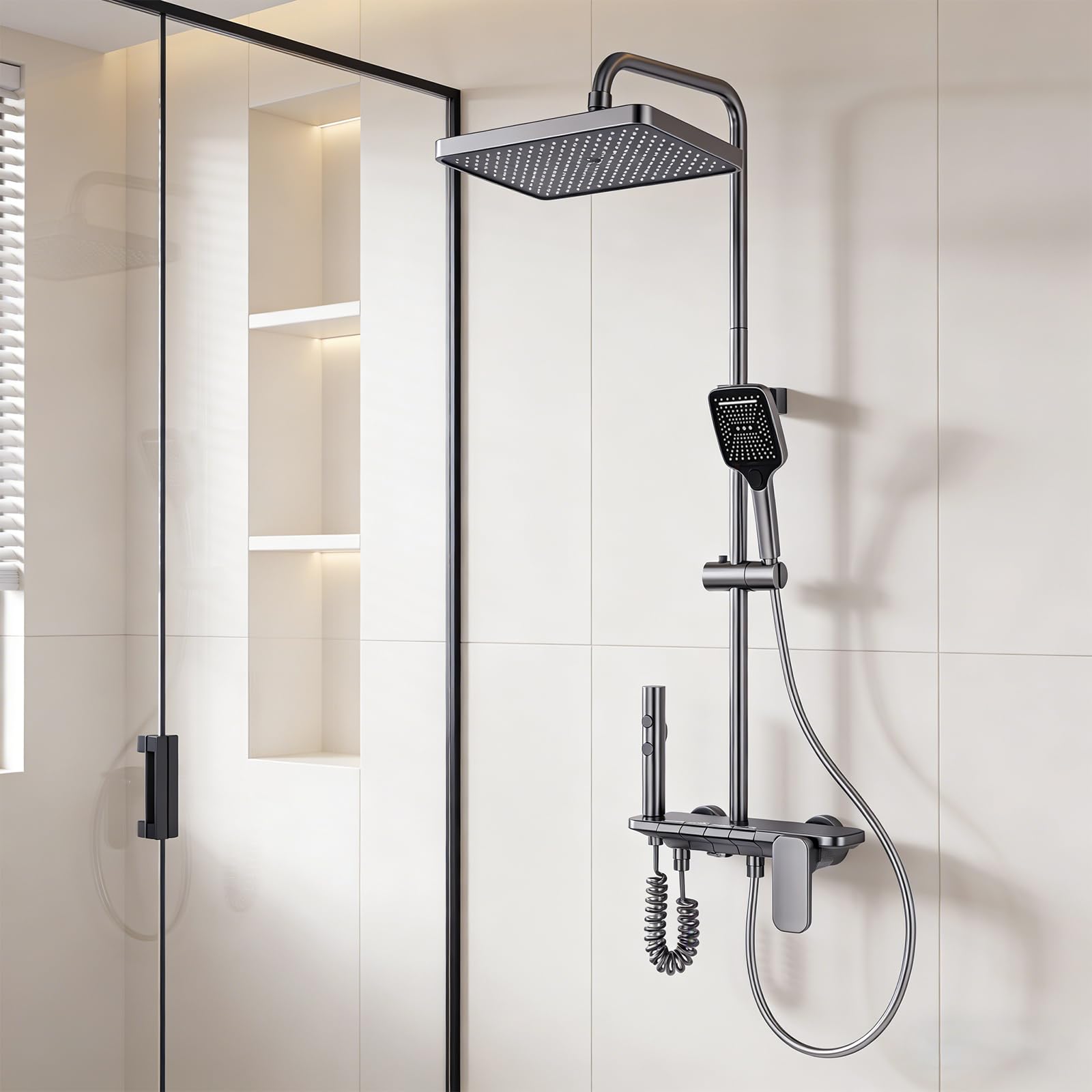 Colonne de Douche Gris Fusil Miroir avec Mitigeur - Touches Piano 4 Fonctions - Système de Douche Moderne avec Tête de Douche XXL Carrée, Douchette 3 Jets - Tube Inox Réglable 950-1350mm