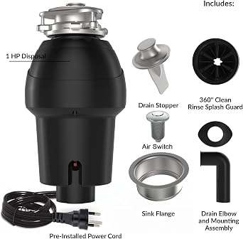 Garbage Disposal, 1 Hp Continuous Feed Food Waste Disposer with Air Switch, Compact Stainless Steel Food Waste Disposer, Food Waste Grinding System for Under Kitchen Sink, Black