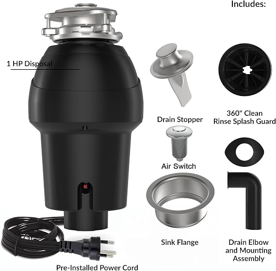 Garbage Disposal, 1 Hp Continuous Feed Food Waste Disposer with Air Switch, Compact Stainless Steel Food Waste Disposer, Food Waste Grinding System for Under Kitchen Sink, Black