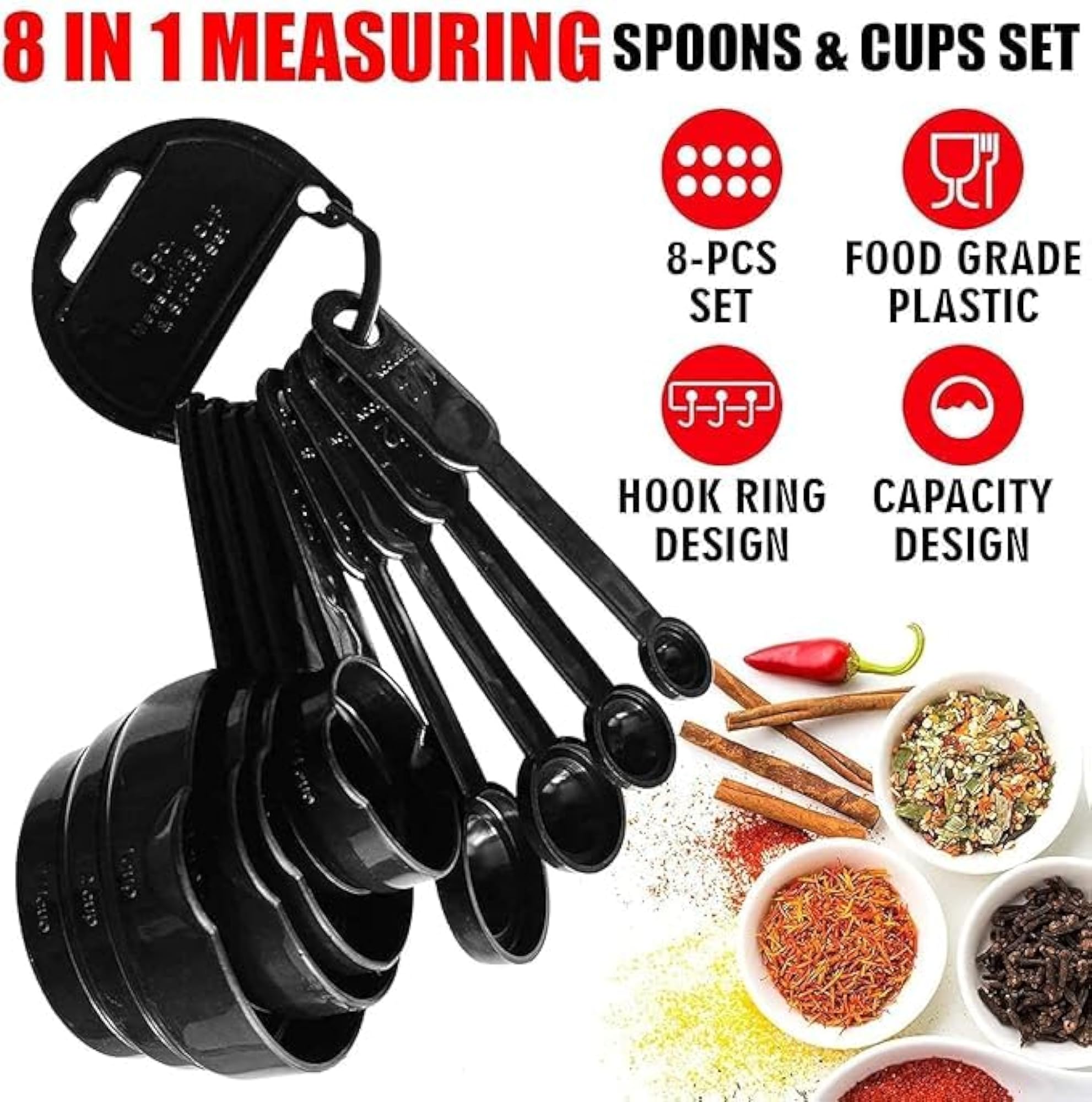 Plastic Measuring Spoon and Cup Set, 8-Pieces