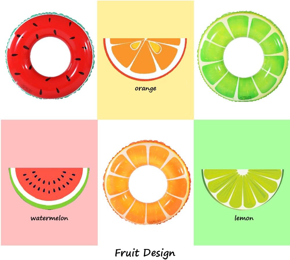 Fruit Pool Float, Watermelon Orange Lemon Swim Tube Ring, Inflatable Swim Pool Party Inner Tube for Kids, 3 Style Summer Pool Toy for Fun