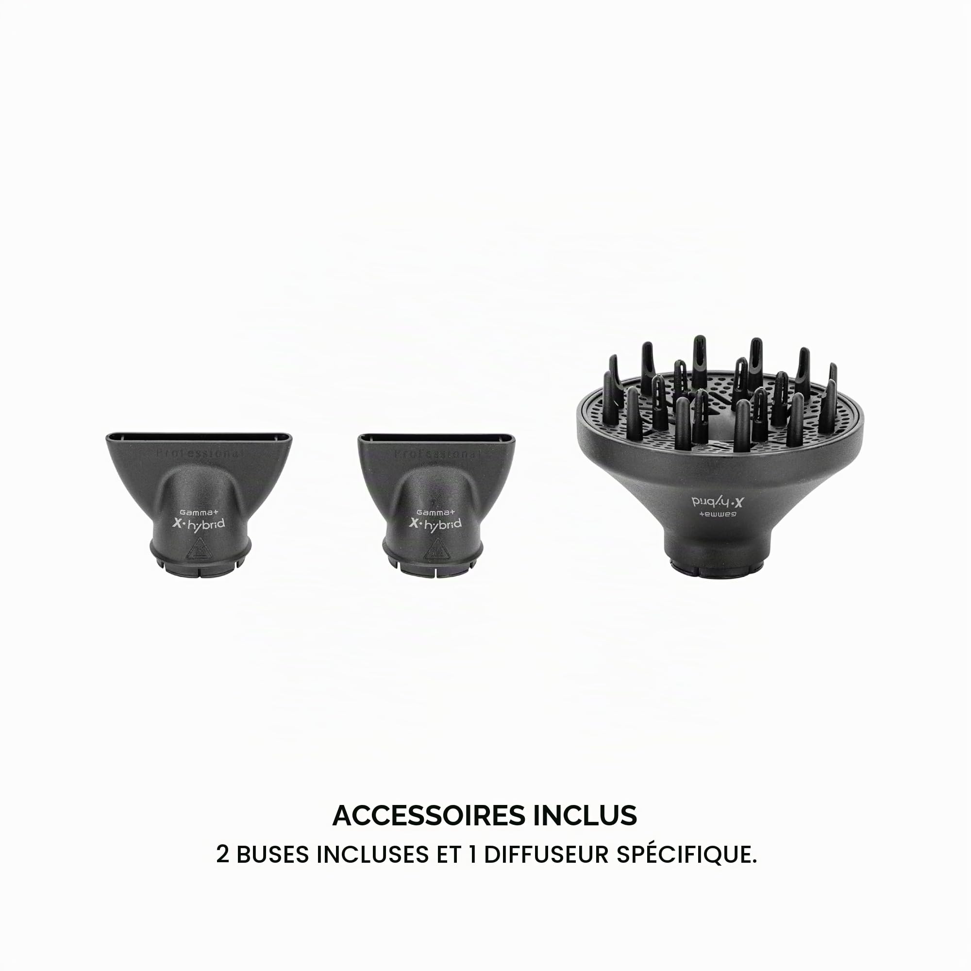 GAMMA+ X-Hybrid Sèche-cheveux Ionique, Sèche-cheveux Ultra-léger 300 gr, Ergonomique, Moteur Numérique 100.000 Rpm, Nouveau Triple Filtre de Protection, 2 Buses, 1 Diffuseur (Noir)