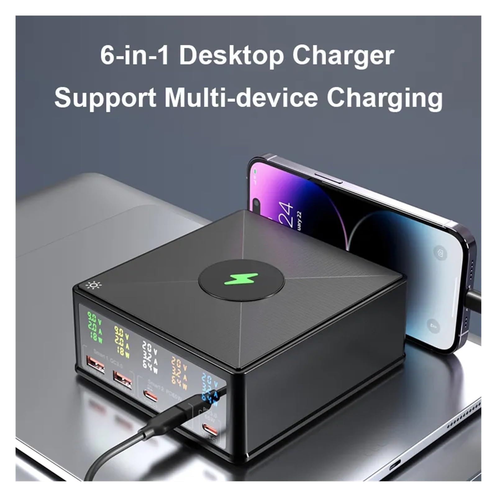 Caricatore USB Multiplo, Hub USB da 160 W a 5 Porte con Caricabatterie Wireless da 15 W, Display LCD, Caricatore rapido USB-C QC3.0 PD 65 W, Ricarica Sicura