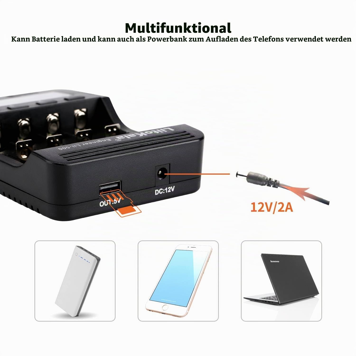 18650 Akku Ladegerät LiitoKala Lii-500, AA Batterieladegerät mit LCD-Display inklusive 12V2A Adapter unterstützt USB Ausgang für 14500 21700 Li-ion AA AAA NI-MH NI-CD, 4 Schacht